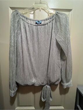 CeCe Silver Metallic Off-Shoulder Tie-Hem Blouse